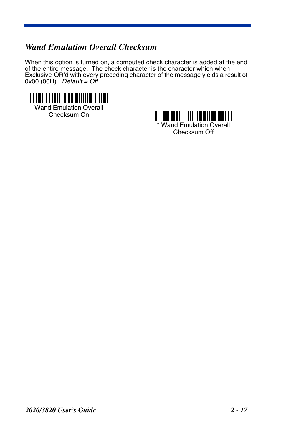 Wand emulation overall checksum, Wand emulation overall checksum -17 | Hand Held Products 2020 User Manual | Page 63 / 187