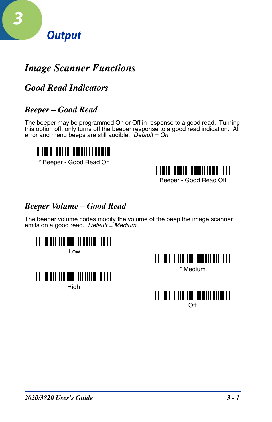 Output, Good read indicators, Beeper - good read | Beeper volume - good read, Sound level, Chapter 3 - output, Good read indicators -1, Beeper – good read -1 beeper volume – good read -1, Image scanner functions | Hand Held Products 2020 User Manual | Page 65 / 187