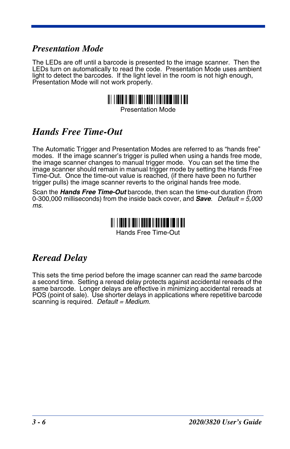 Presentation mode, Hands free time-out, Reread delay | Presentation mode -6, Hands free time-out -6 reread delay -6 | Hand Held Products 2020 User Manual | Page 70 / 187