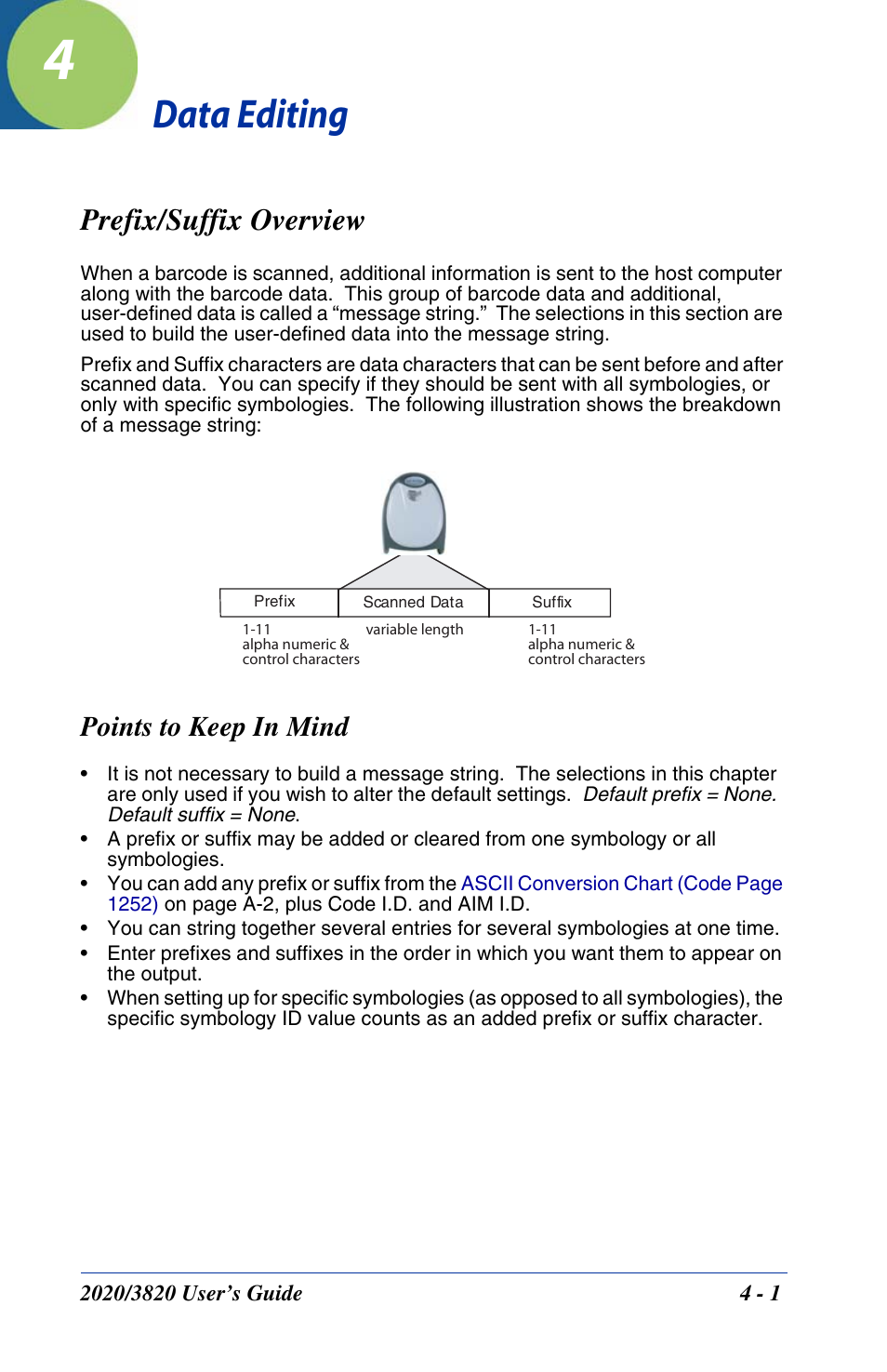 Data editing, Prefix/suffix overview, Chapter 4 - data editing | Prefix/suffix overview -1, Points to keep in mind | Hand Held Products 2020 User Manual | Page 79 / 187