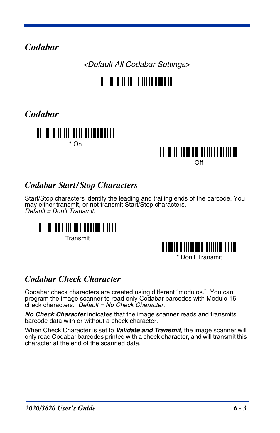 Codabar, Codabar start / stop characters, Codabar check character | Codabar -3, Codabar start/stop characters, Default all codabar settings | Hand Held Products 2020 User Manual | Page 93 / 187