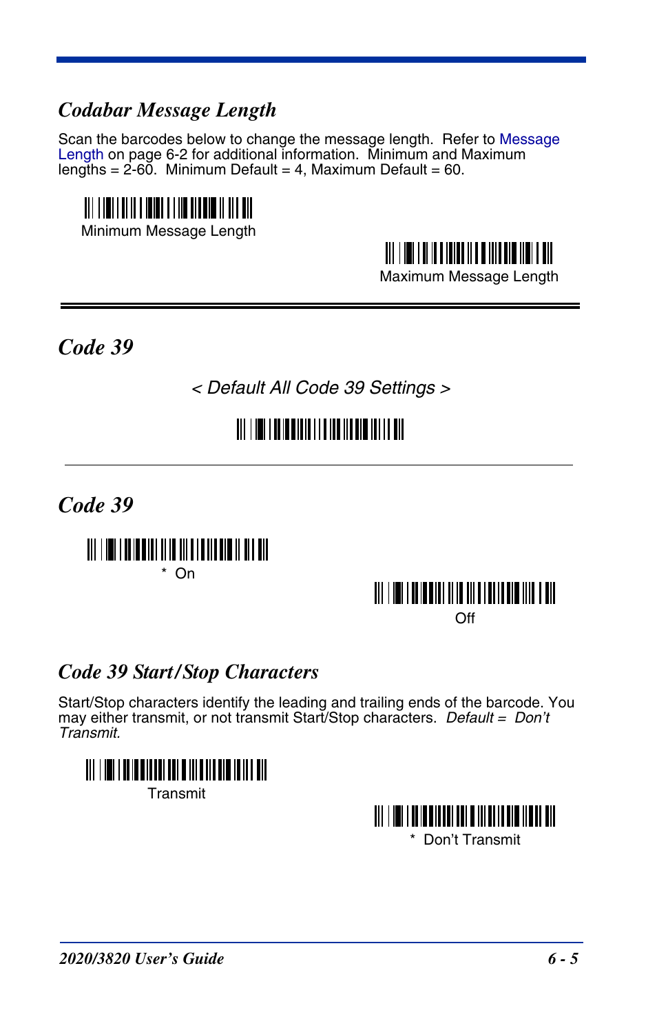 Codabar message length, Code 39, Code 39 start / stop characters | Codabar message length -5, Code 39 -5, Code 39 start/stop characters -5, Code 39 start/stop characters, Default all code 39 settings | Hand Held Products 2020 User Manual | Page 95 / 187