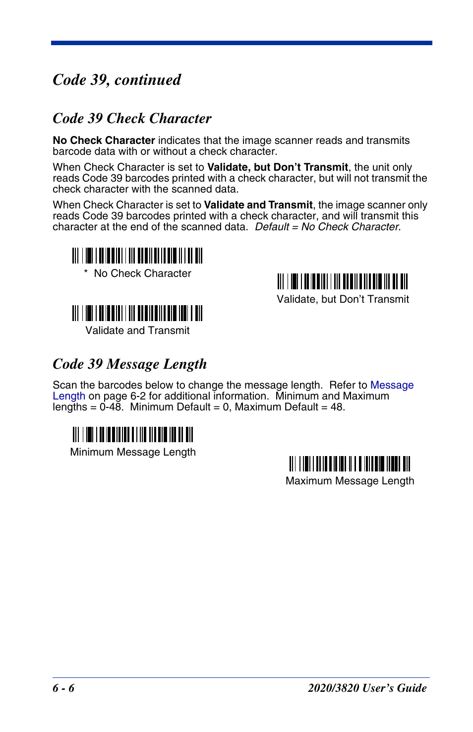 Code 39 check character, Code 39 message length, Code 39, continued | Hand Held Products 2020 User Manual | Page 96 / 187