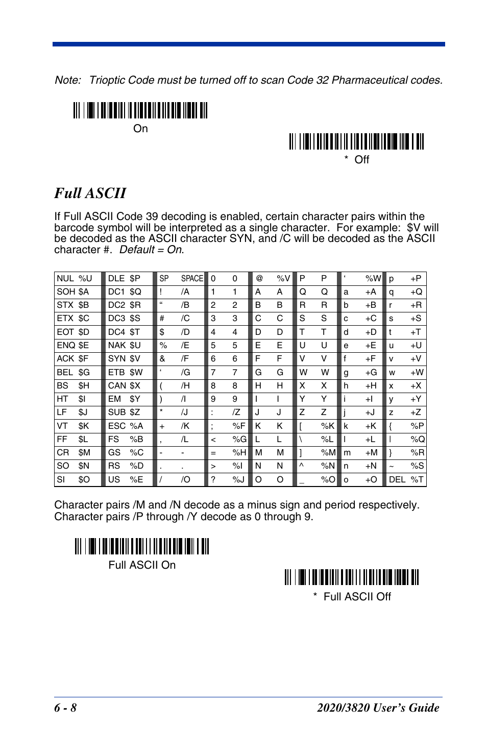 Full ascii, Full ascii -8, Default = on | Off on * full ascii off full ascii on | Hand Held Products 2020 User Manual | Page 98 / 187