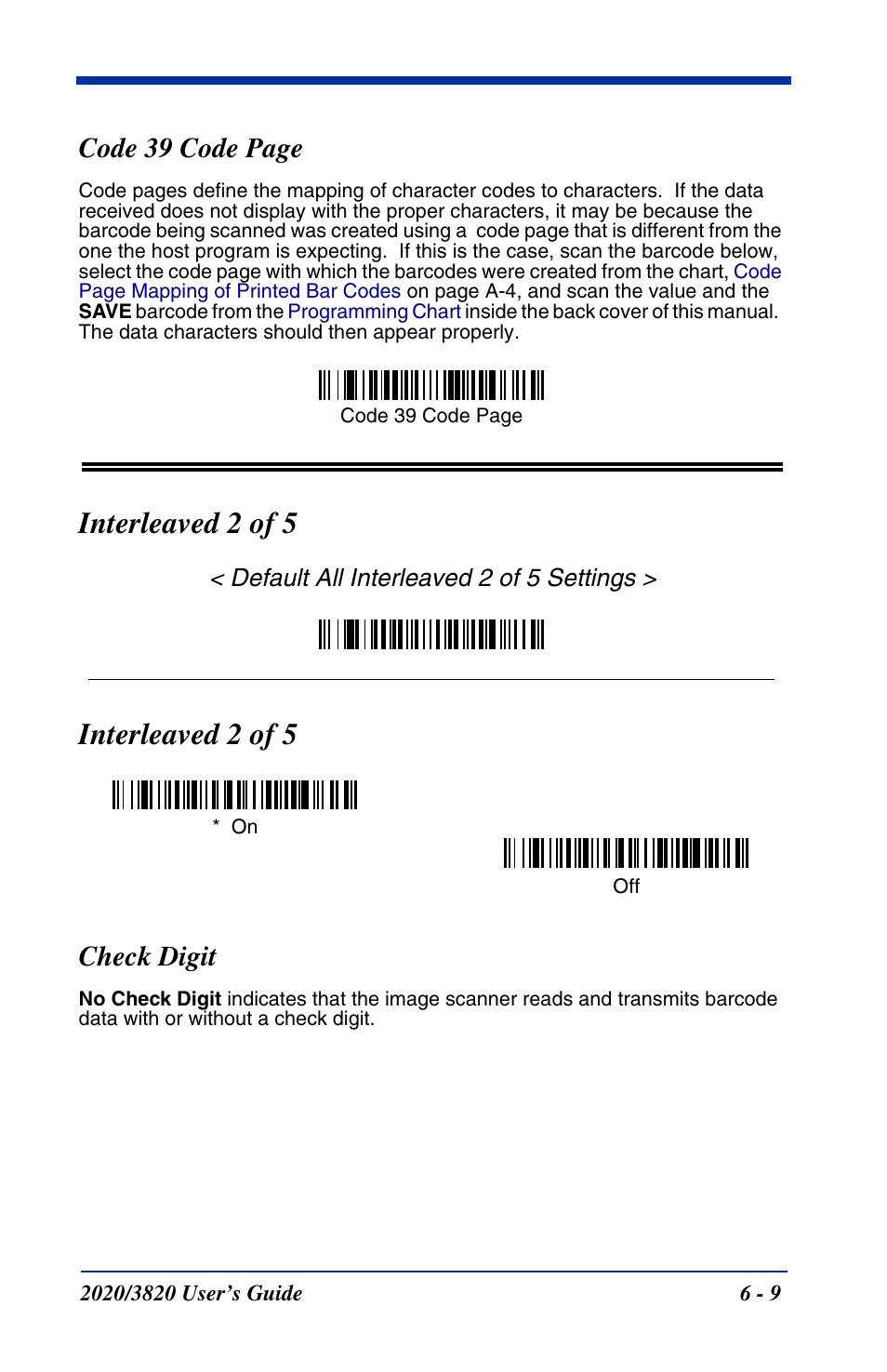 Interleaved 2 of 5, Check digit, Interleaved 2 of 5 -9 | Check digit -9, Code 39 code page | Hand Held Products 2020 User Manual | Page 99 / 187