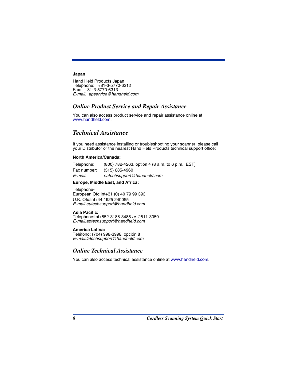 Online product service and repair assistance, Technical assistance, Online technical assistance | Hand Held Products 2070 User Manual | Page 12 / 24