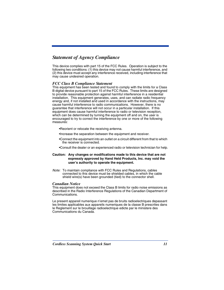 Statement of agency compliance | Hand Held Products 2070 User Manual | Page 15 / 24