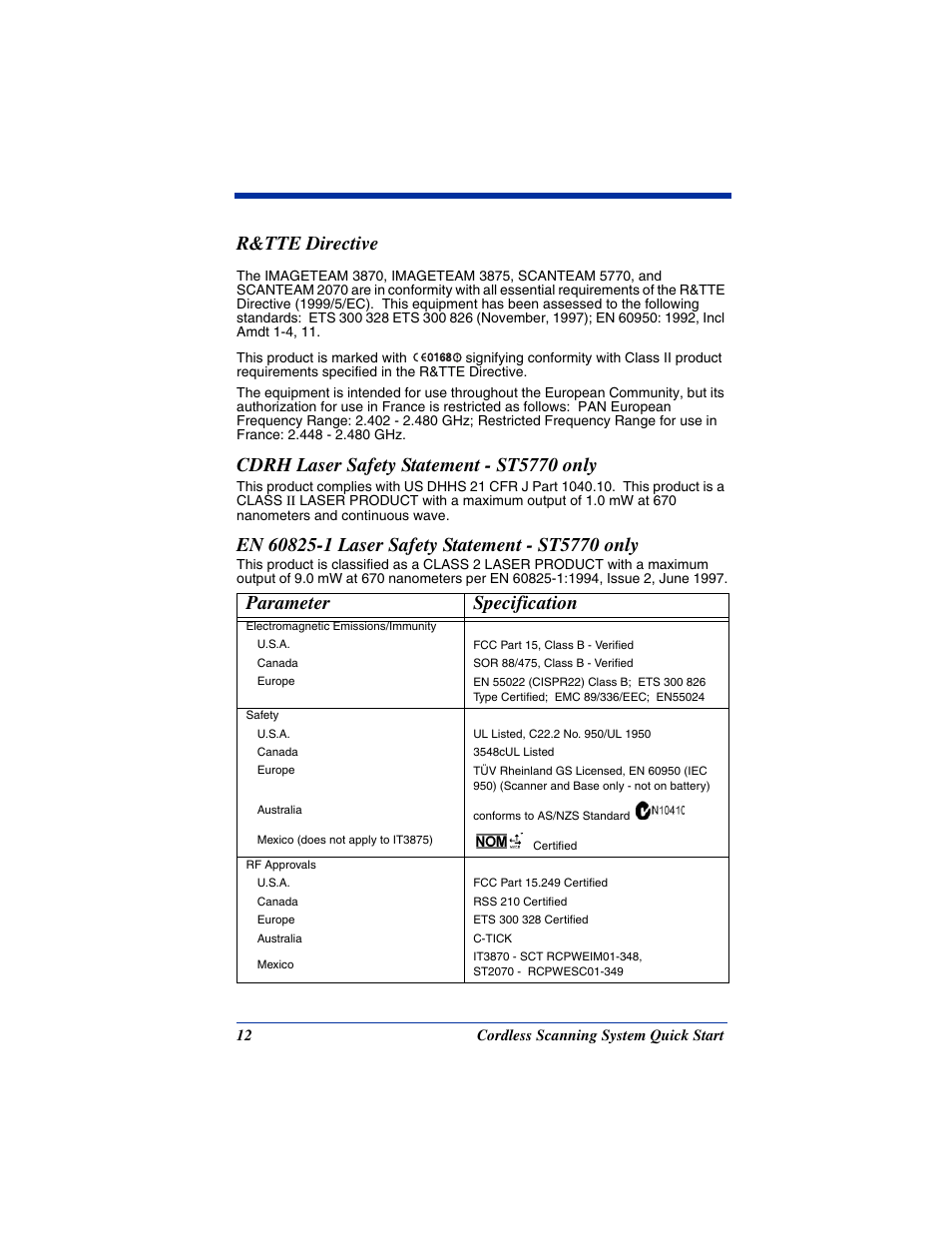 R&tte directive, Cdrh laser safety statement - st5770 only, Parameter specification | Hand Held Products 2070 User Manual | Page 16 / 24