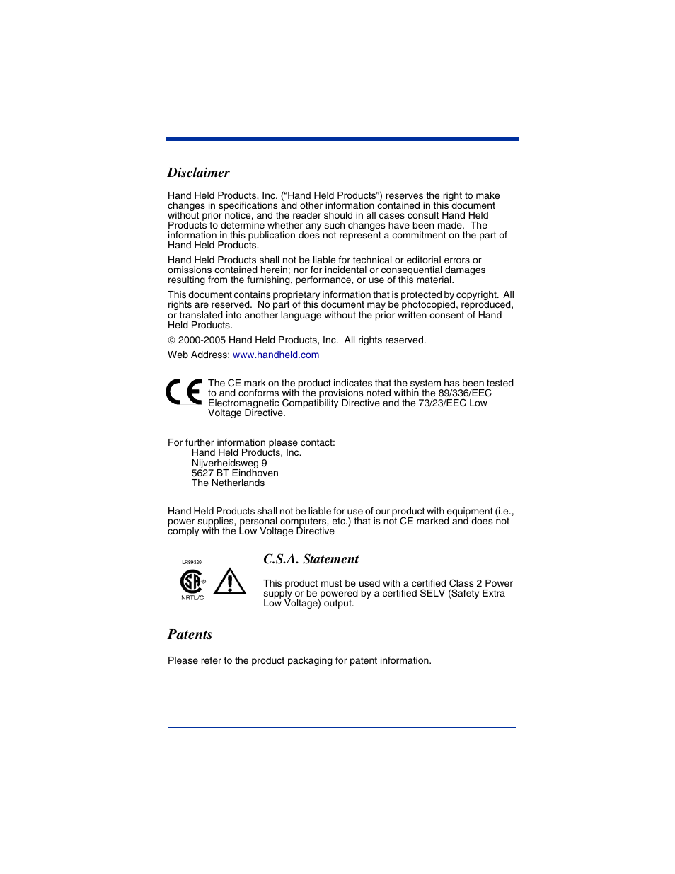 Patents, Disclaimer, C.s.a. statement | Hand Held Products 2070 User Manual | Page 2 / 24