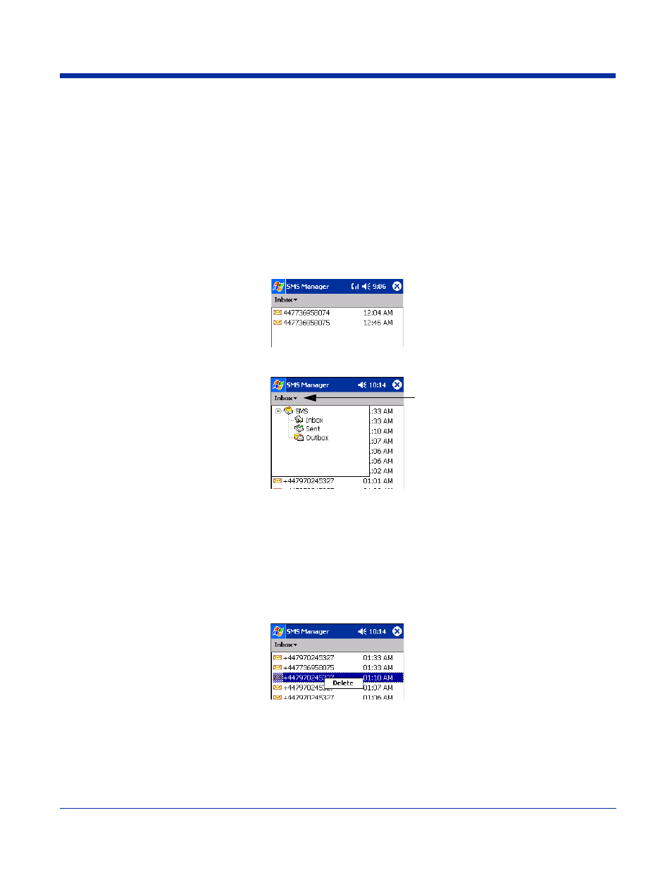 Sms manager, Opening the sms manager, Inbox | Sms manager -17 | Hand Held Products 7900 User Manual | Page 153 / 204