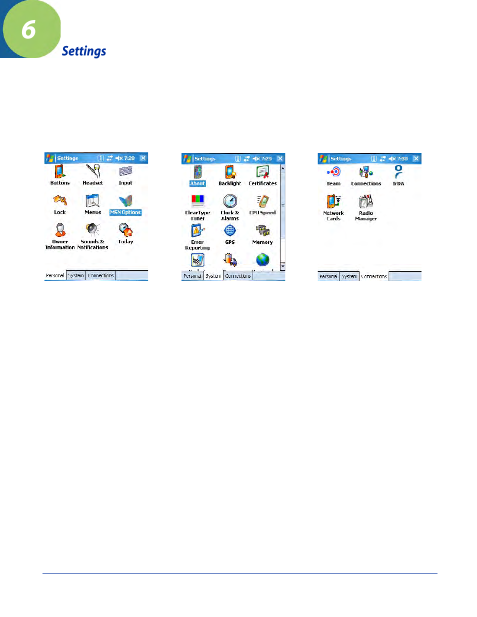 Settings, Overview, Chapter 6 - settings | Overview -1 | Hand Held Products 7900 User Manual | Page 57 / 204