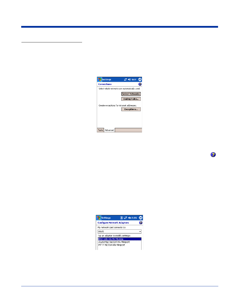 Advanced tab, Online help, Creating a wireless network connection | Network cards, And network adapters tabs; see, Modify an existing connection | Hand Held Products 7900 User Manual | Page 73 / 204