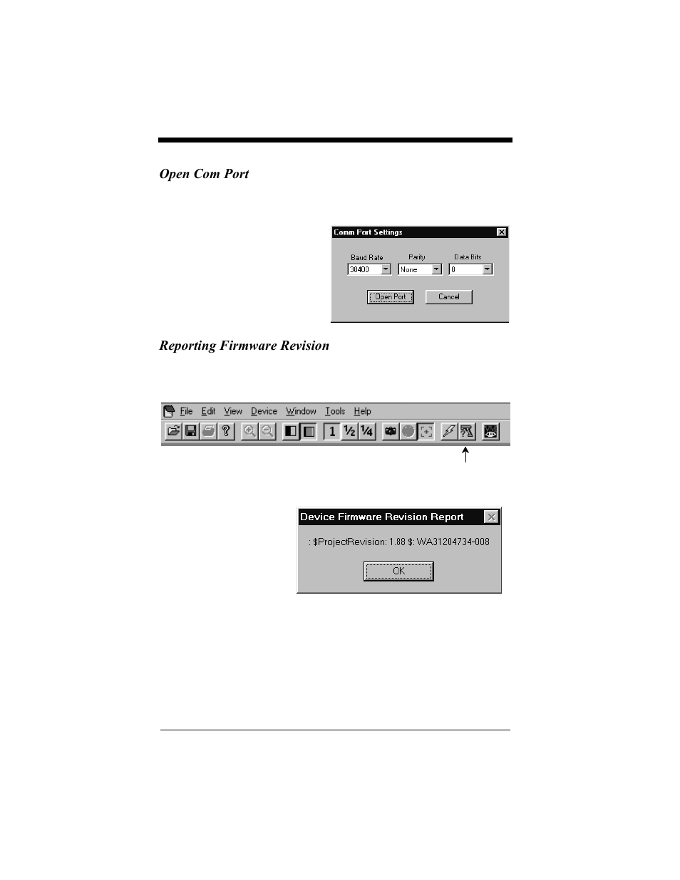 Open com port, Reporting firmware revision | Hand Held Products 4410 User Manual | Page 145 / 208