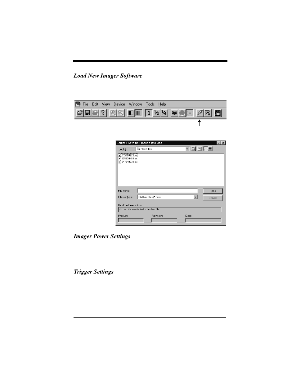 Load new imager software, Load new imager software -14, Imager power settings | Trigger settings | Hand Held Products 4410 User Manual | Page 146 / 208