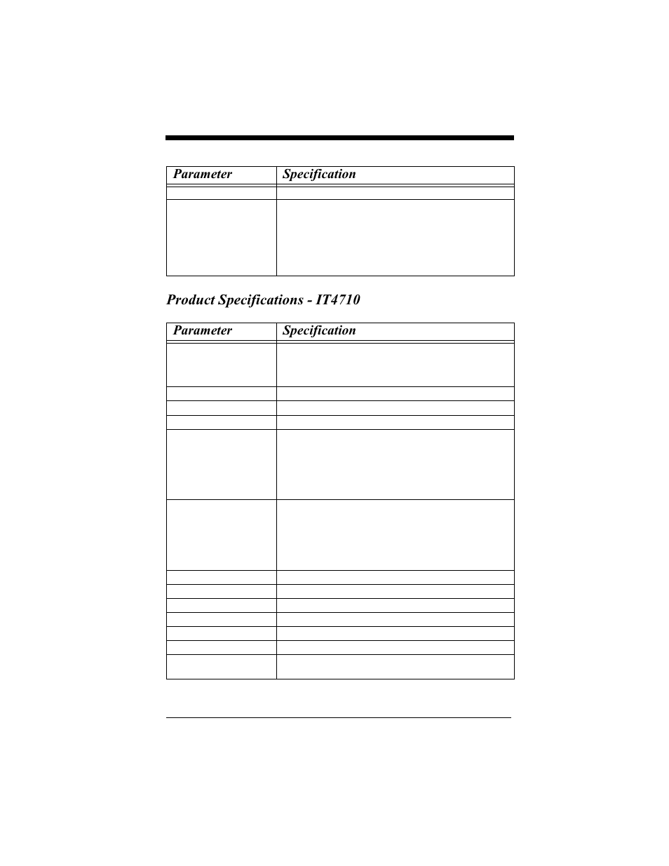 Product specifications - it4710, Product specifications - it4710 -2, Parameter specification | Hand Held Products 4410 User Manual | Page 176 / 208