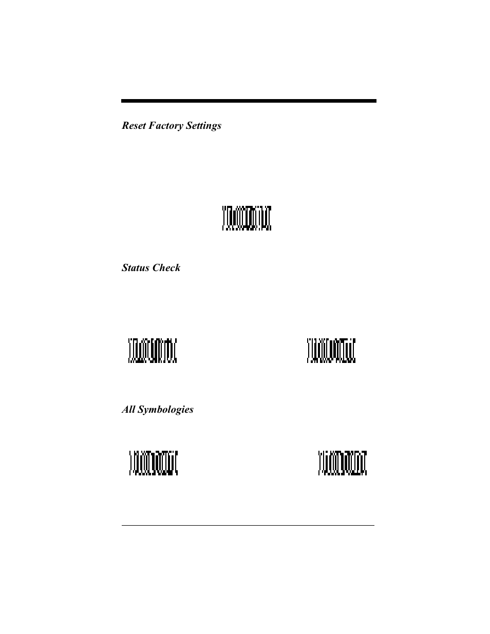 Reset factory settings, Status check, All symbologies | Hand Held Products 4410 User Manual | Page 22 / 208