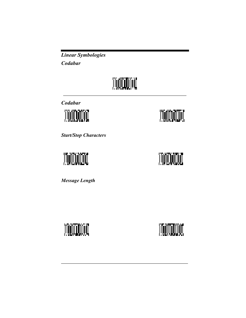 Codabar, Start/stop characters, Message length | Codabar -2, Start/stop characters -2 message length -2, Linear symbologies codabar | Hand Held Products 4410 User Manual | Page 72 / 208