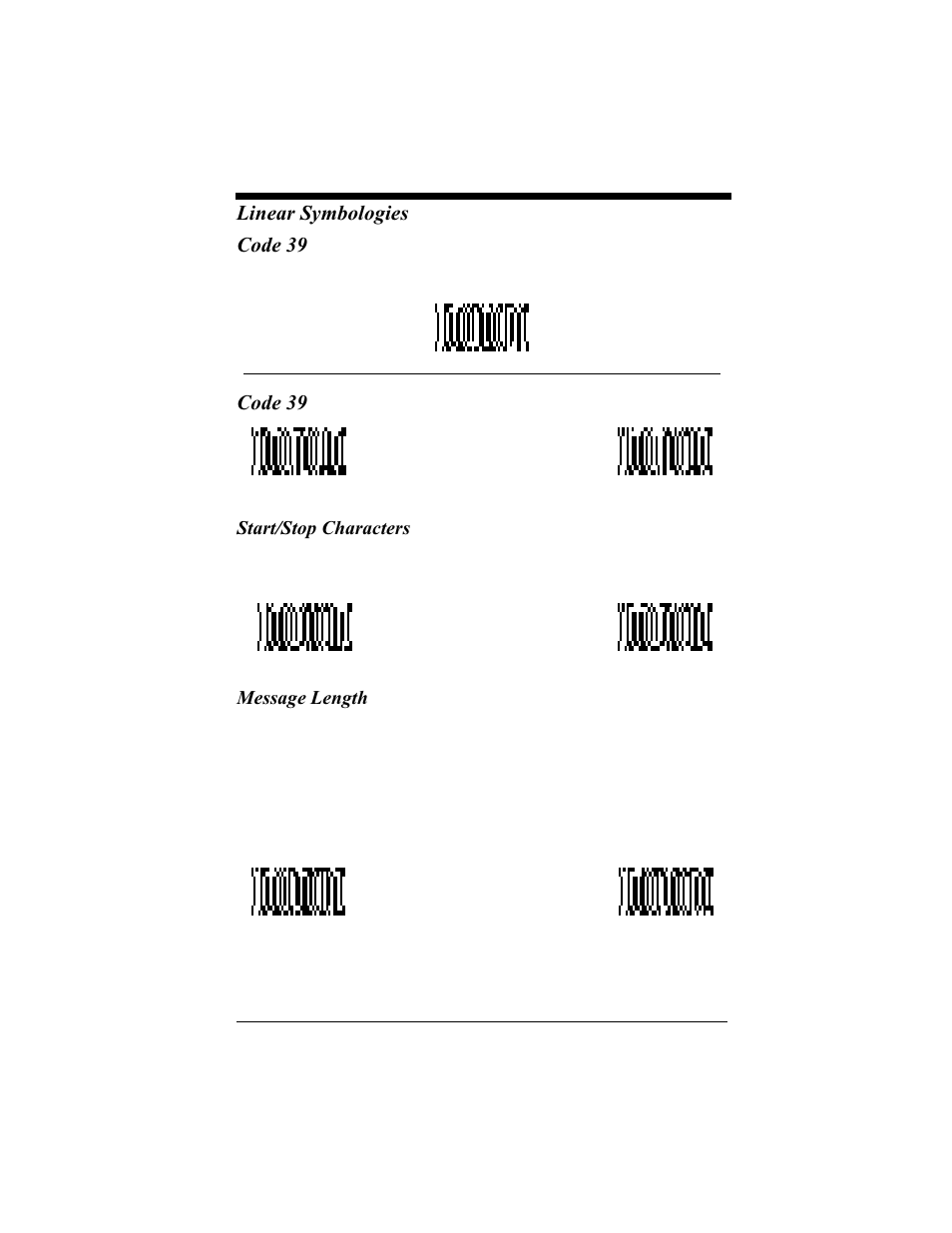 Code 39, Start/stop characters, Message length | Code 39 -4, Start/stop characters -4 message length -4, Linear symbologies code 39 | Hand Held Products 4410 User Manual | Page 74 / 208