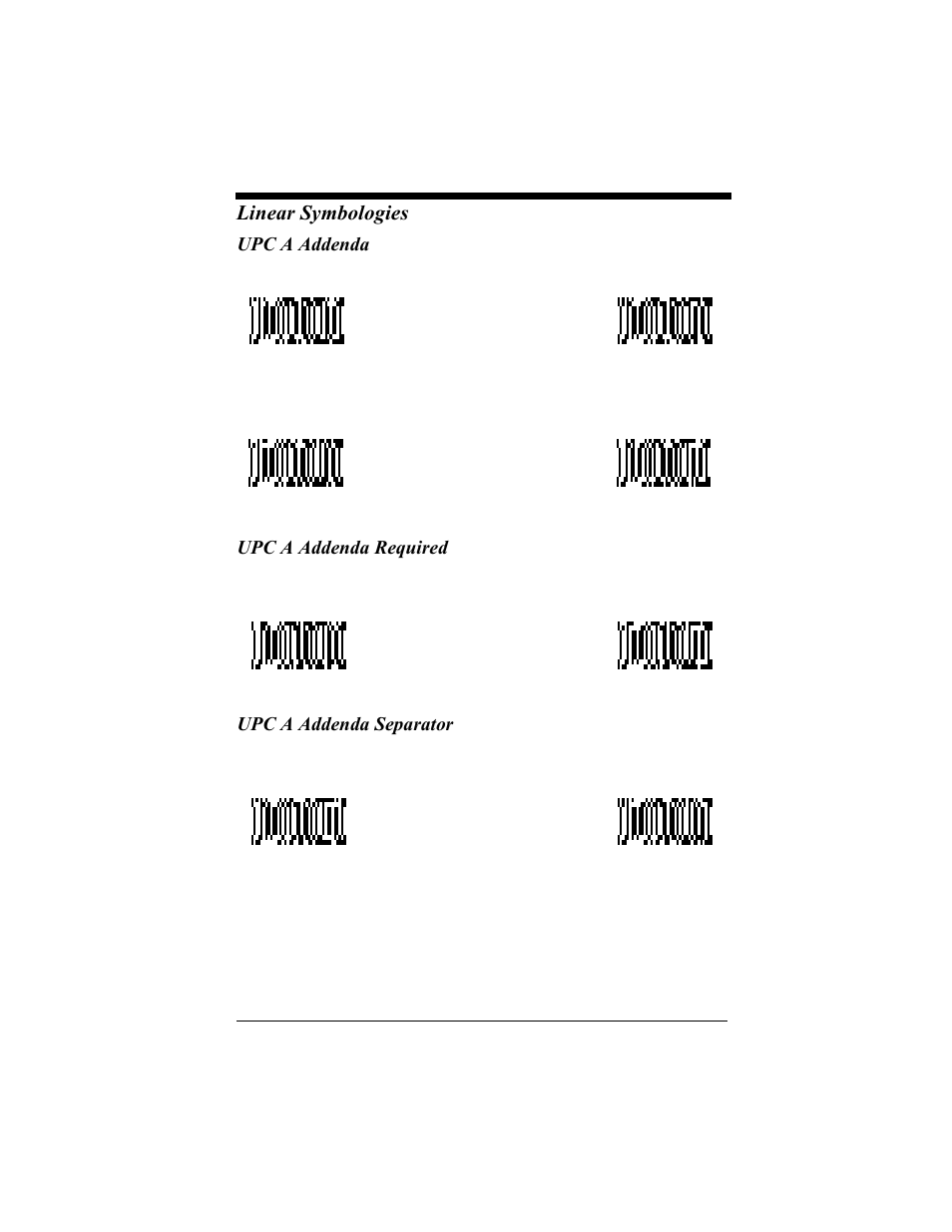 Upc a addenda, Upc a addenda required, Upc a addenda separator | Linear symbologies | Hand Held Products 4410 User Manual | Page 92 / 208