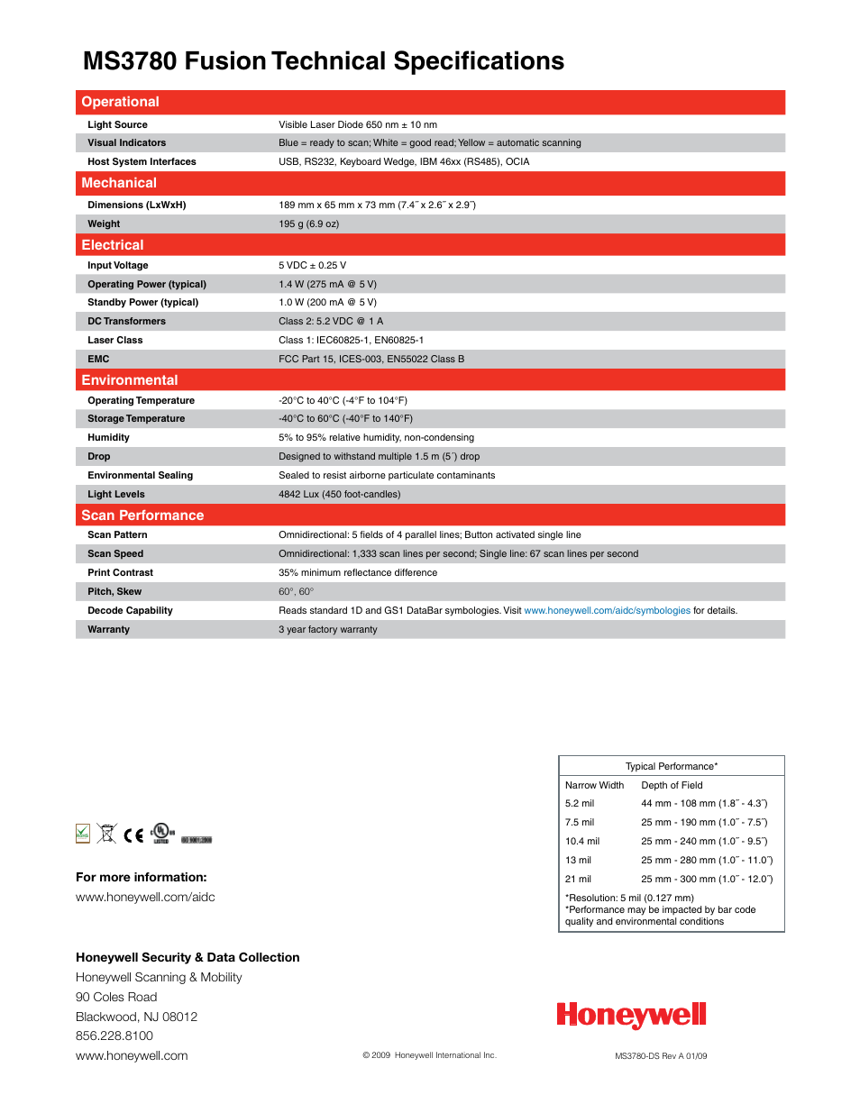 Ms3780 fusion technical specifications, Operational, Mechanical | Electrical, Environmental, Scan performance | Hand Held Products Fusion MS3780 User Manual | Page 2 / 2