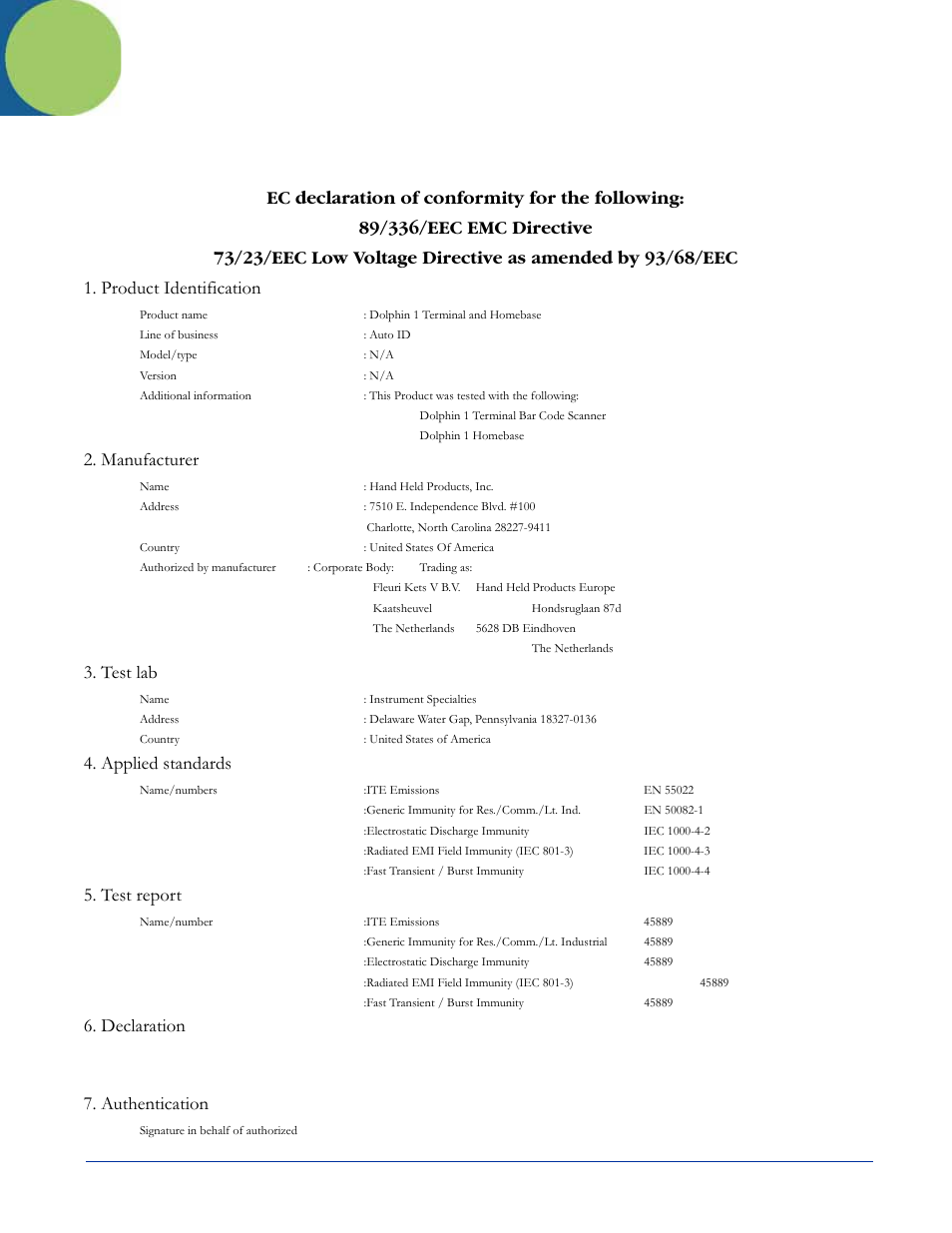 Declarations of conformity, Appendix f - declarations of conformity, Manufacturer | Test lab, Applied standards, Test report, Declaration, Authentication | Hand Held Products Dolphin 7200 User Manual | Page 109 / 114