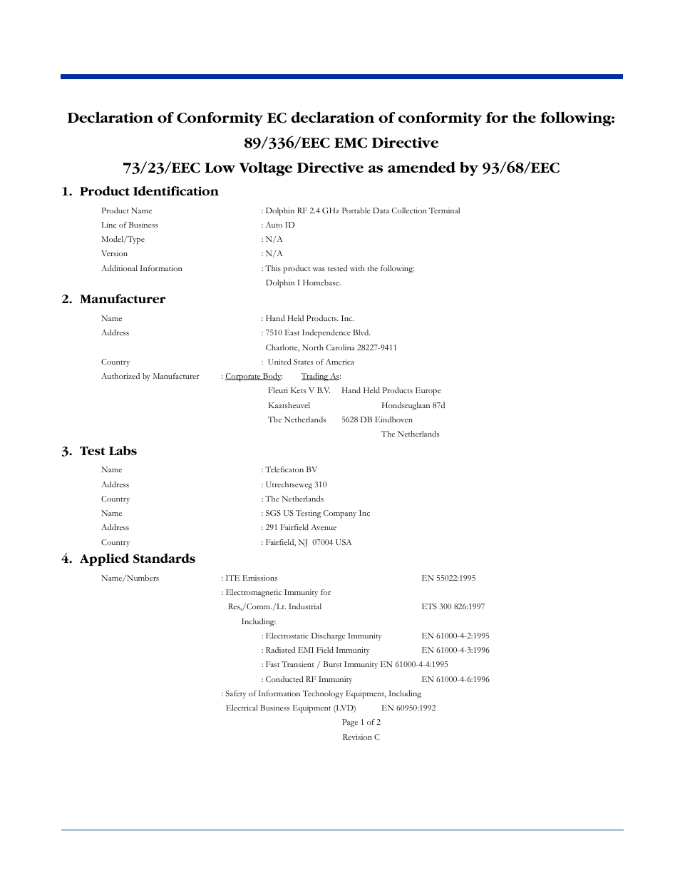 Product identification, Manufacturer, Test labs | Applied standards | Hand Held Products Dolphin 7200 User Manual | Page 111 / 114