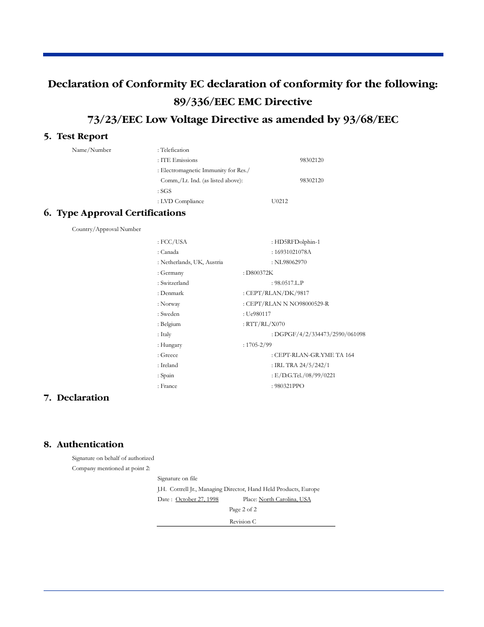 Test report, Type approval certifications, Declaration | Authentication | Hand Held Products Dolphin 7200 User Manual | Page 112 / 114