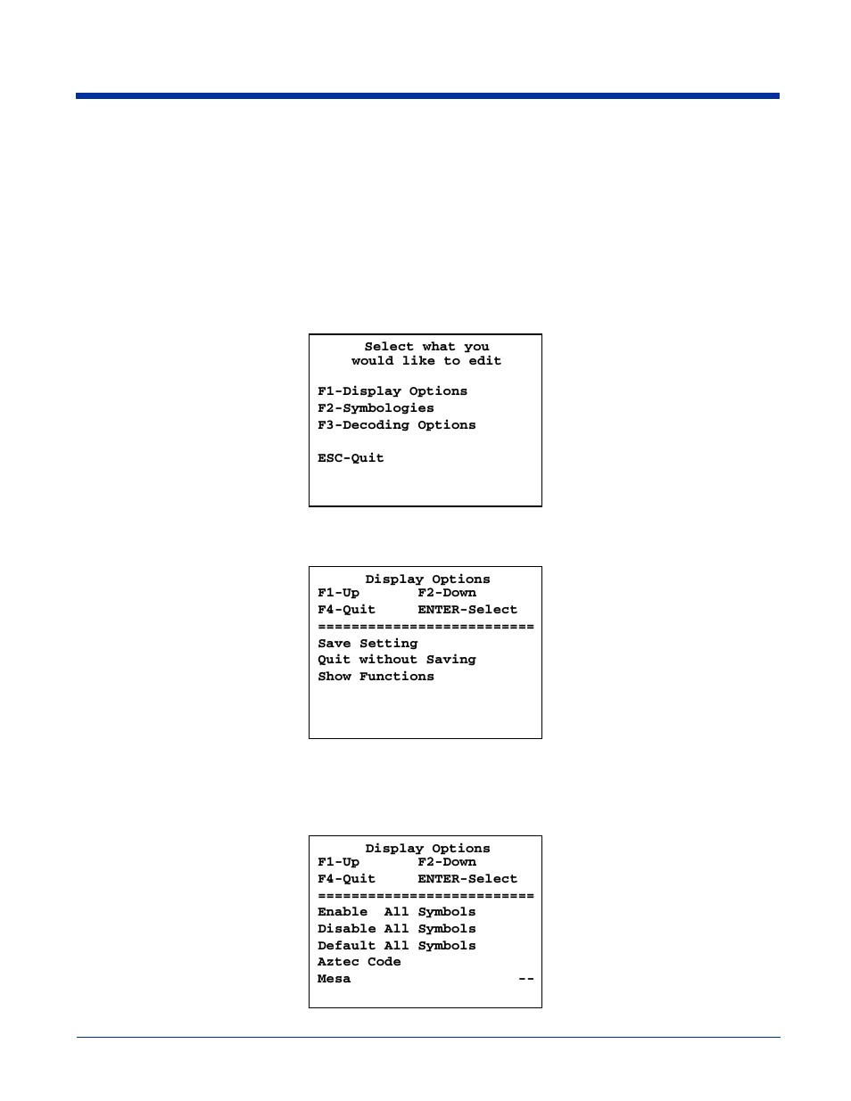 2d decoding demo screen shots, Setup menu, Display options menu | Symbologies, Setup menu display options menu symbologies | Hand Held Products Dolphin 7200 User Manual | Page 96 / 114
