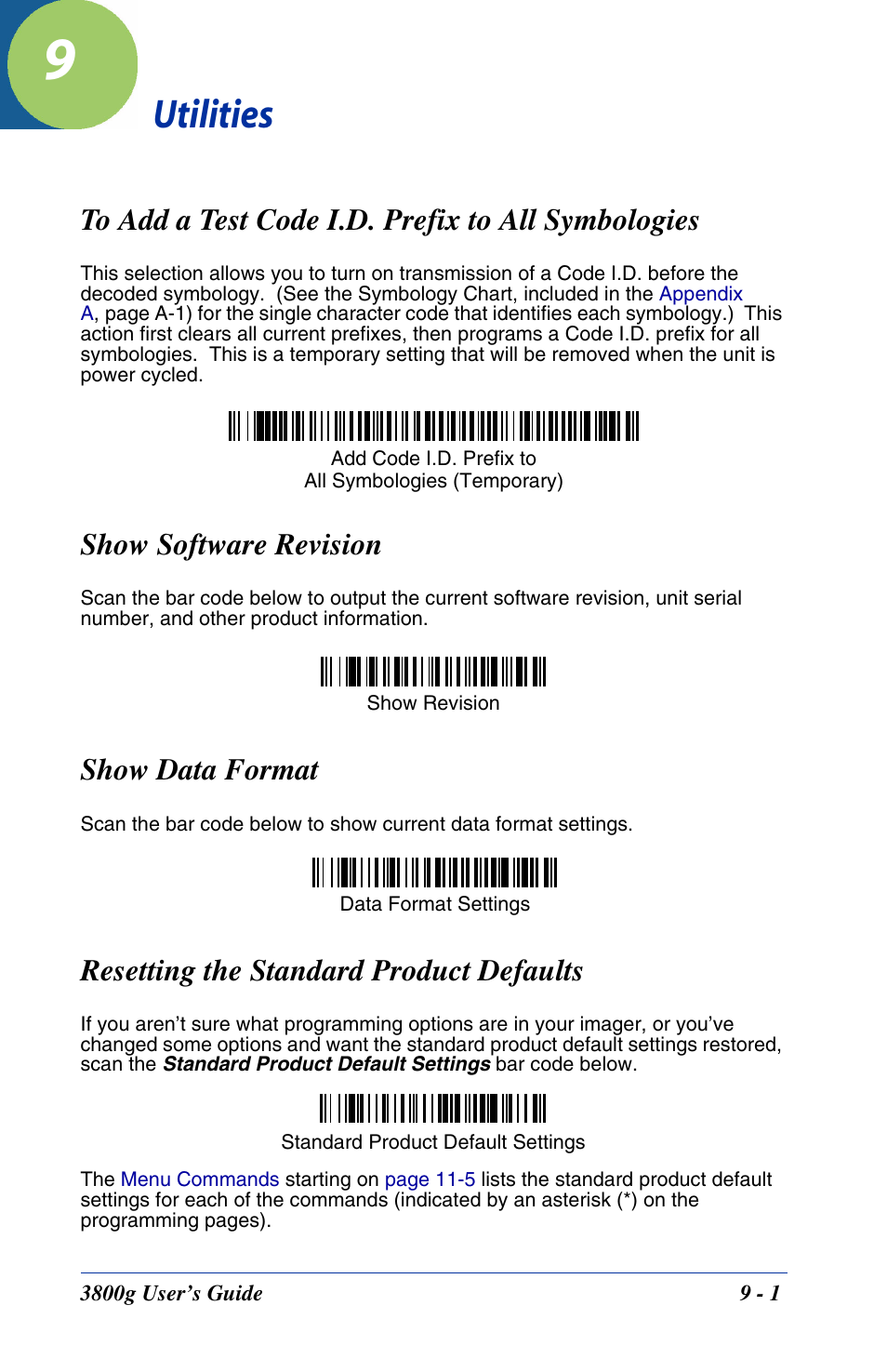 Utilities, To add a test code i.d. prefix to all symbologies, Show software revision | Show data format, Resetting the standard product defaults, Chapter 9 - utilities | Hand Held Products HANDHELD 3800G User Manual | Page 103 / 144