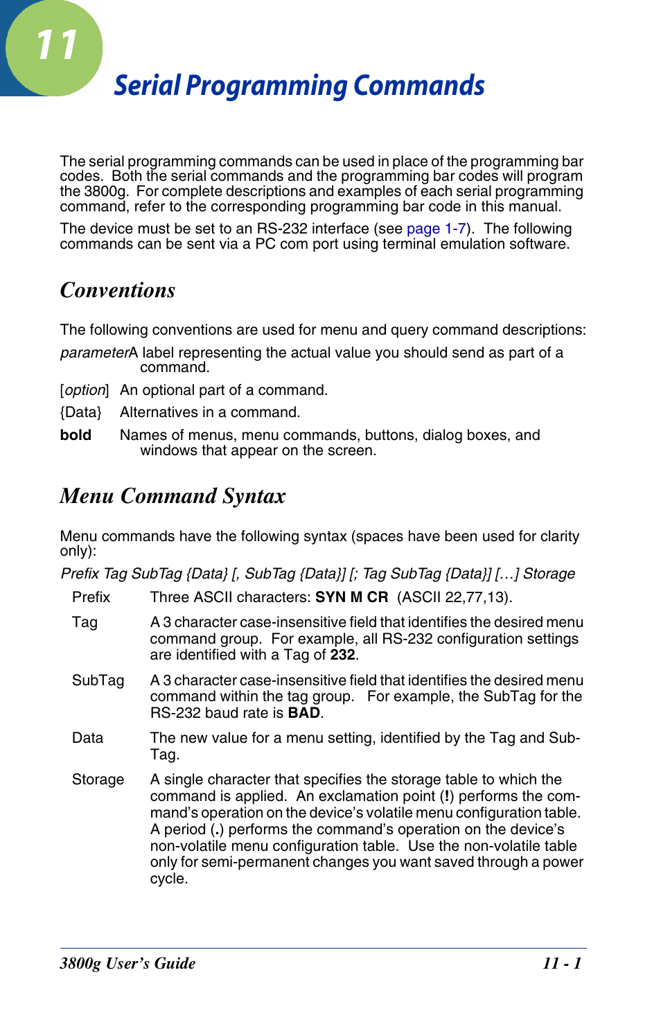 Serial programming commands, Conventions, Menu command syntax | Chapter 11 - serial programming commands, Conventions -1 menu command syntax -1, Chapter 11, For settings and defaults | Hand Held Products HANDHELD 3800G User Manual | Page 107 / 144