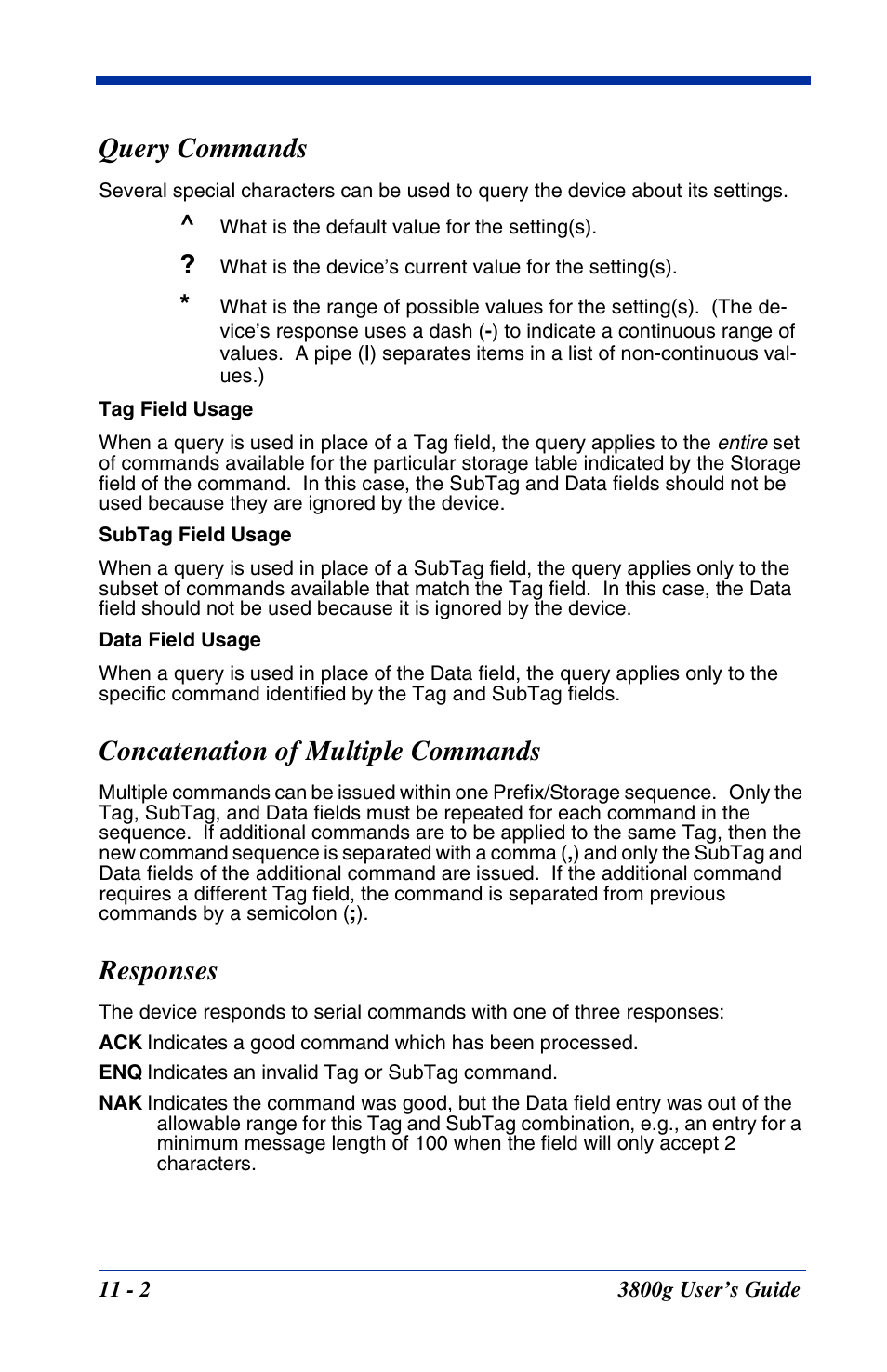 Query commands, Concatenation of multiple commands, Responses | Hand Held Products HANDHELD 3800G User Manual | Page 108 / 144