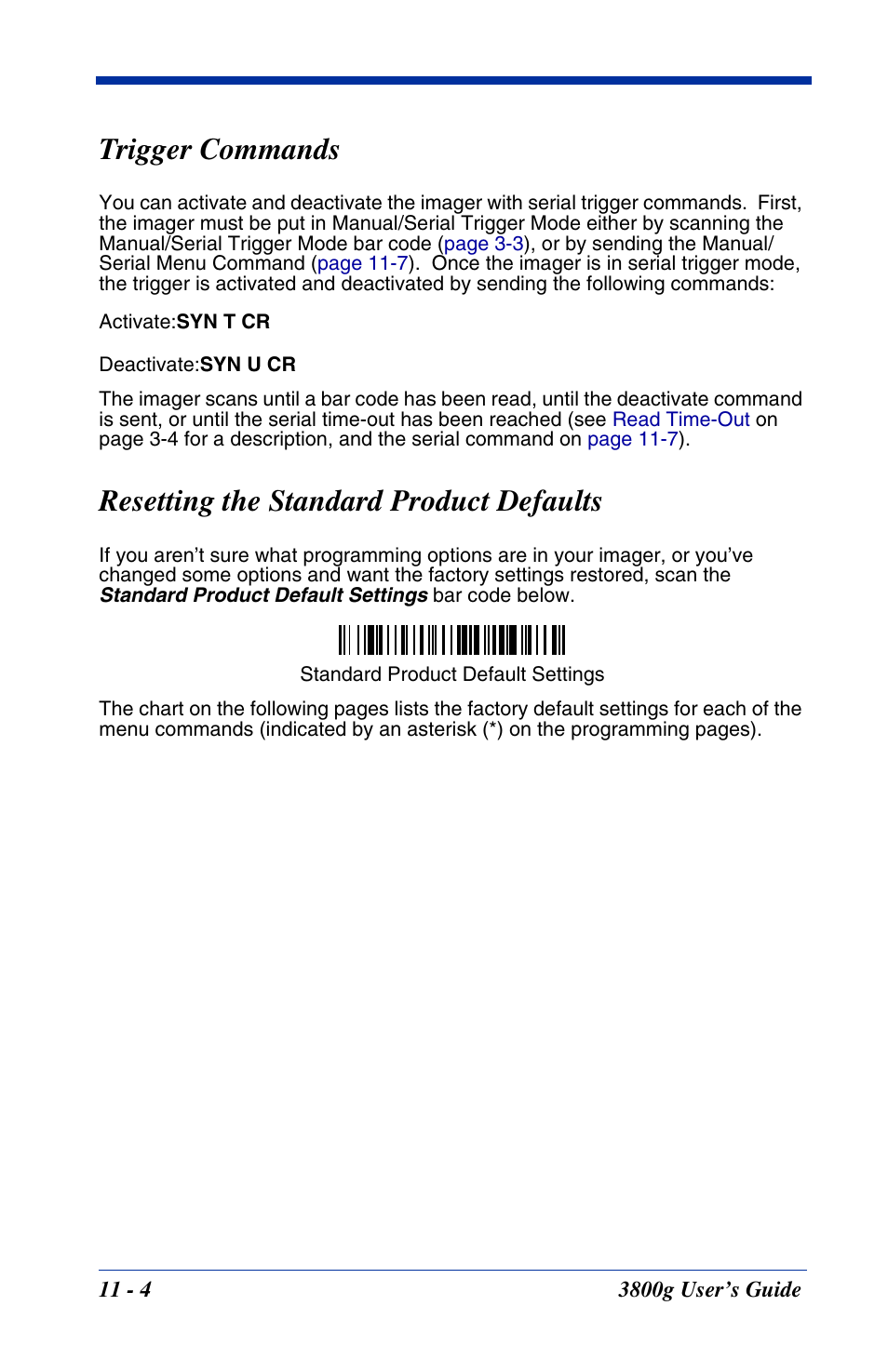 Trigger commands, Resetting the standard product defaults | Hand Held Products HANDHELD 3800G User Manual | Page 110 / 144