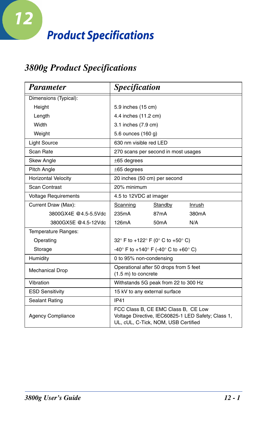 Product specifications, 3800g product specifications, Chapter 12 - product specifications | 3800g product specifications -1, Parameter specification | Hand Held Products HANDHELD 3800G User Manual | Page 123 / 144
