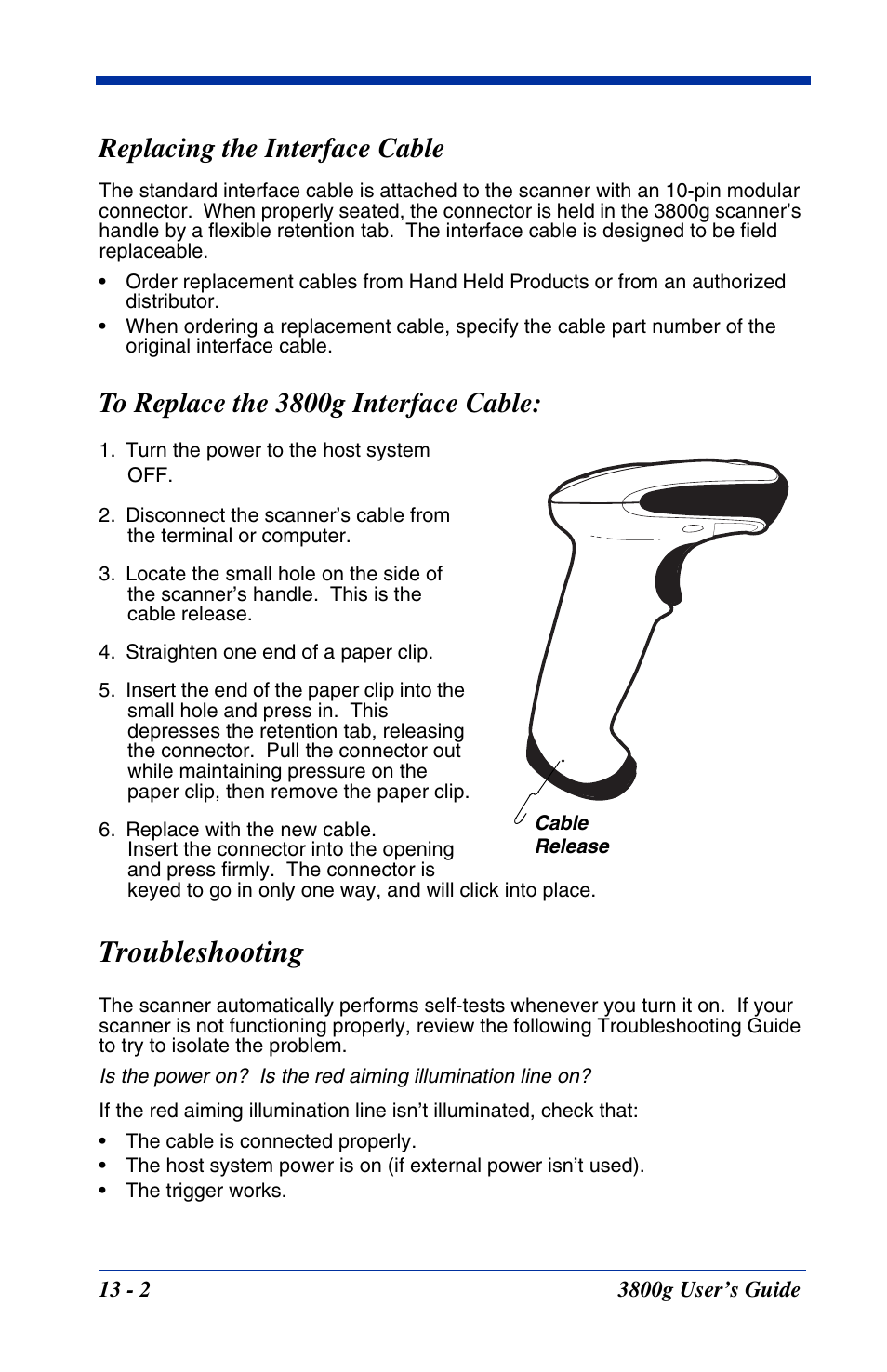 Replacing the interface cable, Troubleshooting, Replacing the interface cable -2 | Troubleshooting -2 | Hand Held Products HANDHELD 3800G User Manual | Page 130 / 144