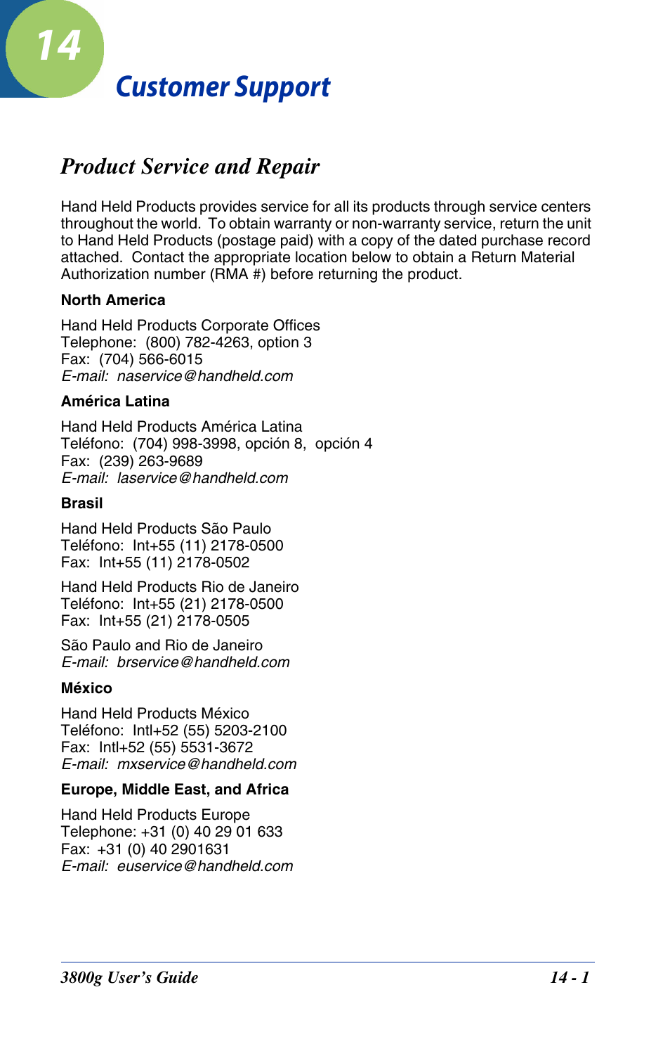 Customer support, Product service and repair, Chapter 14 - customer support | Product service and repair -1 | Hand Held Products HANDHELD 3800G User Manual | Page 133 / 144