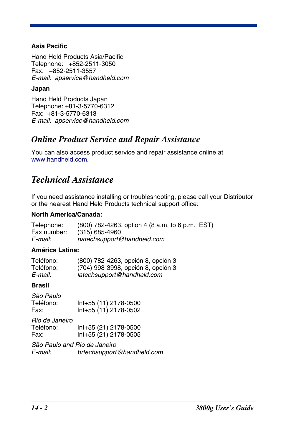 Online product service and repair assistance, Technical assistance, Online product service and repair assistance -2 | Technical assistance -2 | Hand Held Products HANDHELD 3800G User Manual | Page 134 / 144