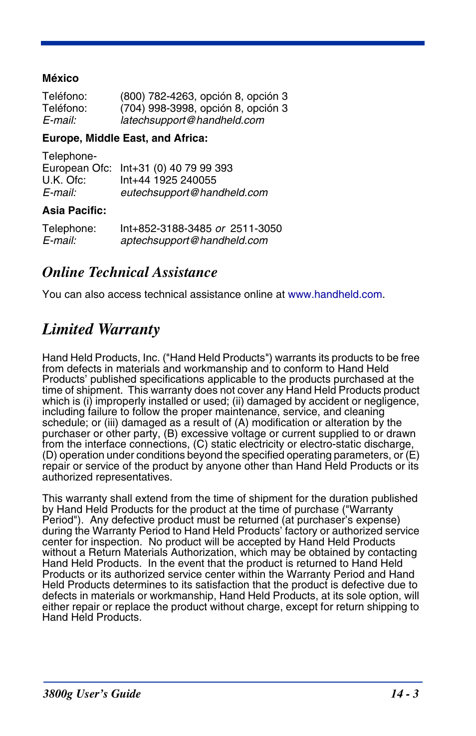 Online technical assistance, Limited warranty, Online technical assistance -3 | Limited warranty -3 | Hand Held Products HANDHELD 3800G User Manual | Page 135 / 144