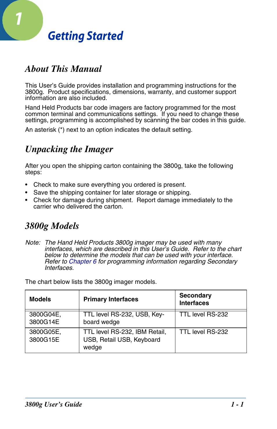 Getting started, About this manual, Unpacking the imager | 3800g models, Chapter 1 - getting started | Hand Held Products HANDHELD 3800G User Manual | Page 15 / 144