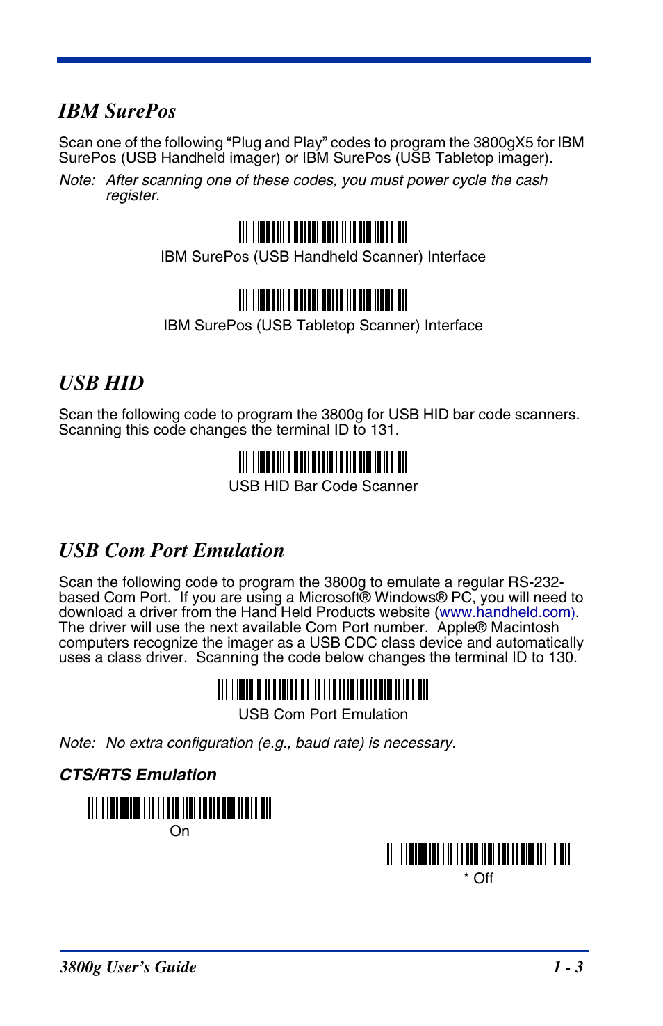 Ibm surepos, Usb hid, Usb com port emulation | Hand Held Products HANDHELD 3800G User Manual | Page 17 / 144
