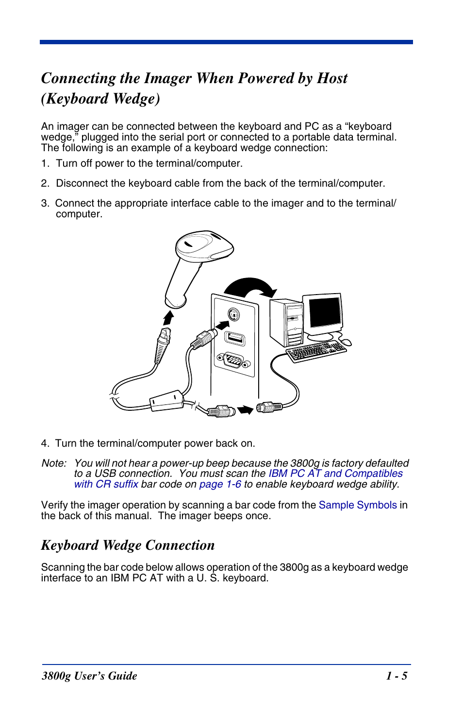 Keyboard wedge connection, Connecting the imager when powered by host, Keyboard wedge) -5 | Keyboard wedge connection -5 | Hand Held Products HANDHELD 3800G User Manual | Page 19 / 144