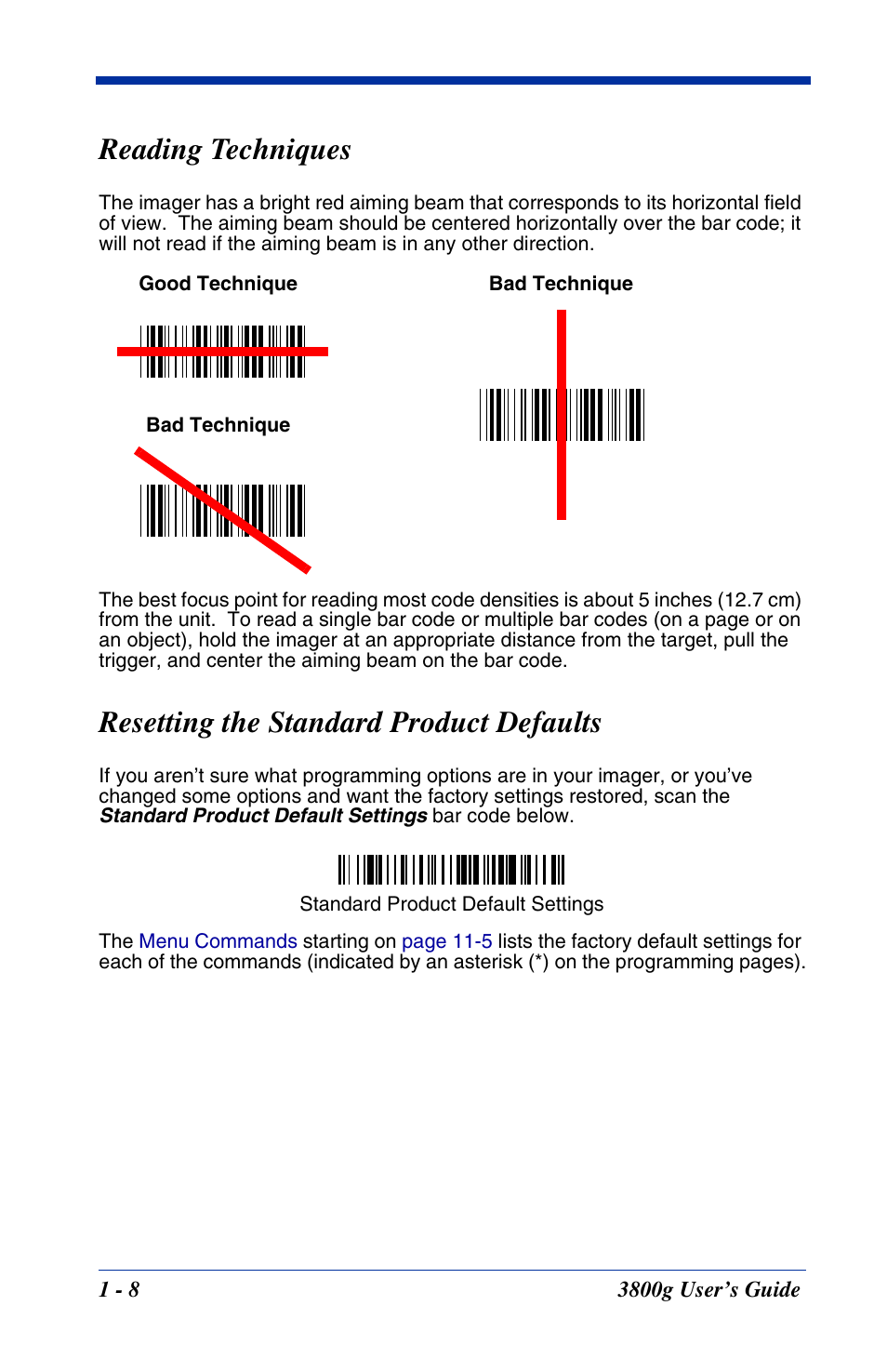 Resetting the standard product defaults, Reading techniques | Hand Held Products HANDHELD 3800G User Manual | Page 22 / 144