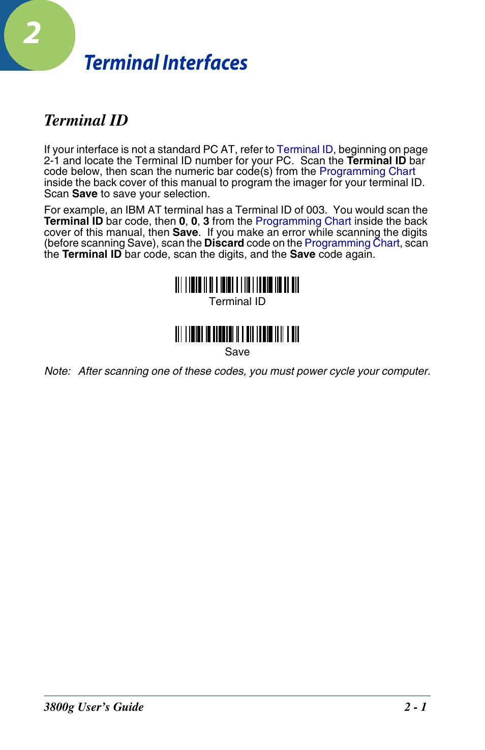 Terminal interfaces, Terminal id, Chapter 2 - terminal interfaces | Terminal id -1 | Hand Held Products HANDHELD 3800G User Manual | Page 23 / 144