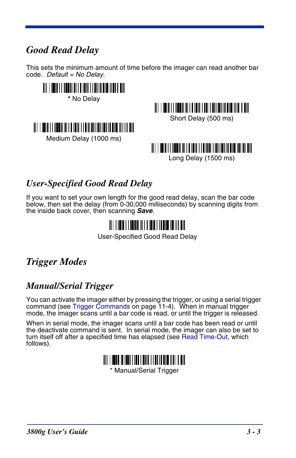Good read delay, User-specified good read delay, Trigger modes | Manual/serial trigger, Good read delay -3, User-specified good read delay -3, Trigger modes -3, Manual/serial trigger -3 | Hand Held Products HANDHELD 3800G User Manual | Page 35 / 144