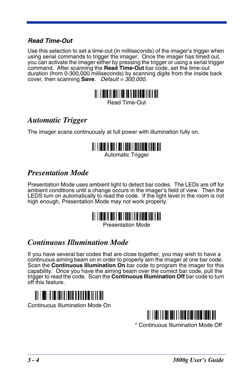 Automatic trigger, Presentation mode, Continuous illumination mode | Read time-out, Which | Hand Held Products HANDHELD 3800G User Manual | Page 36 / 144