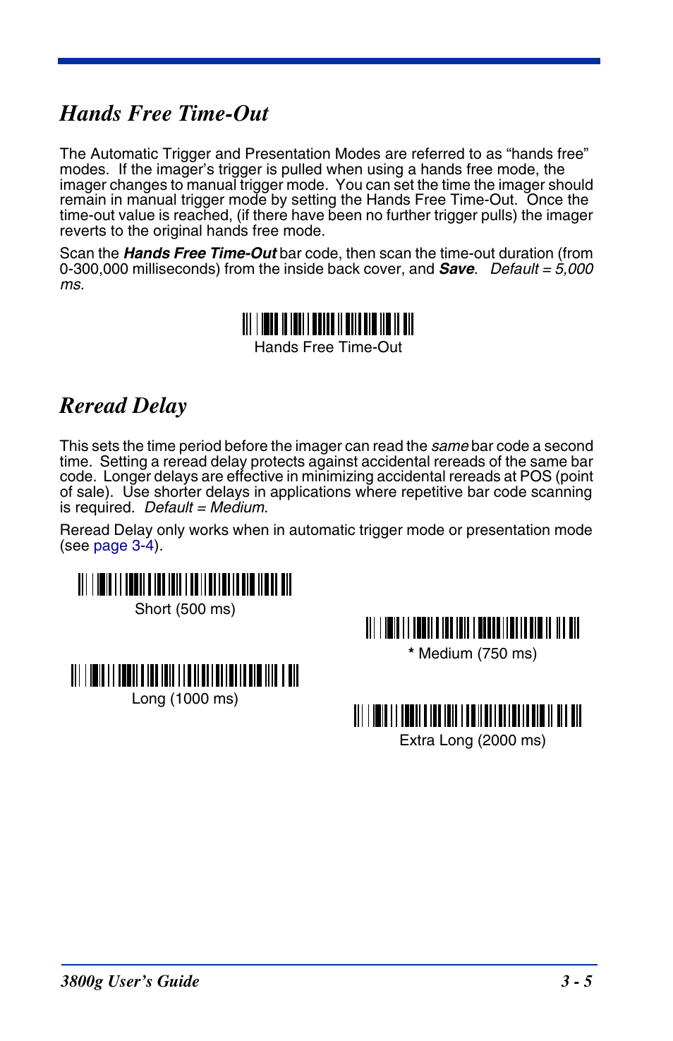 Hands free time-out, Reread delay, Hands free time-out -5 reread delay -5 | Hand Held Products HANDHELD 3800G User Manual | Page 37 / 144