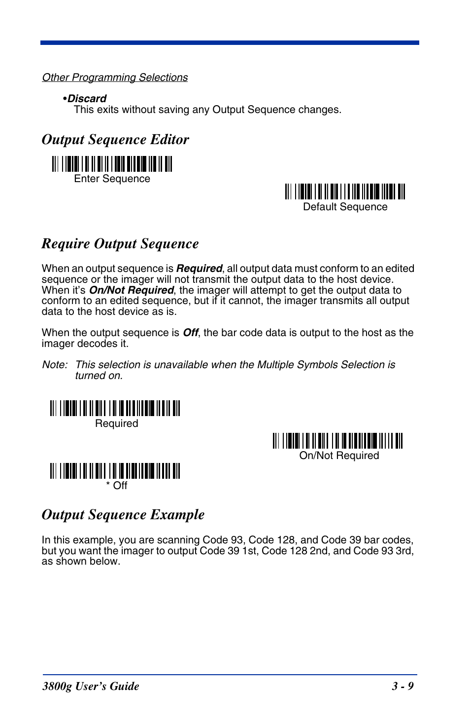 Output sequence editor, Require output sequence, Symbol (see | Output sequence editor require output sequence, Output sequence example | Hand Held Products HANDHELD 3800G User Manual | Page 41 / 144