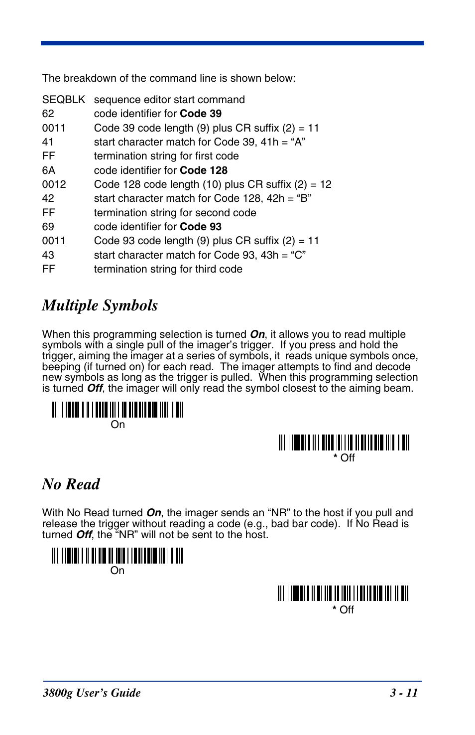 Multiple symbols, No read, Multiple symbols -11 no read -11 | Hand Held Products HANDHELD 3800G User Manual | Page 43 / 144