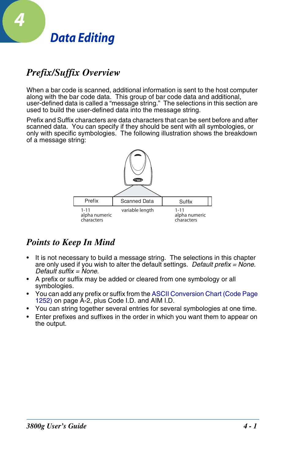 Data editing, Prefix/suffix overview, Chapter 4 - data editing | Prefix/suffix overview -1, Points to keep in mind | Hand Held Products HANDHELD 3800G User Manual | Page 45 / 144