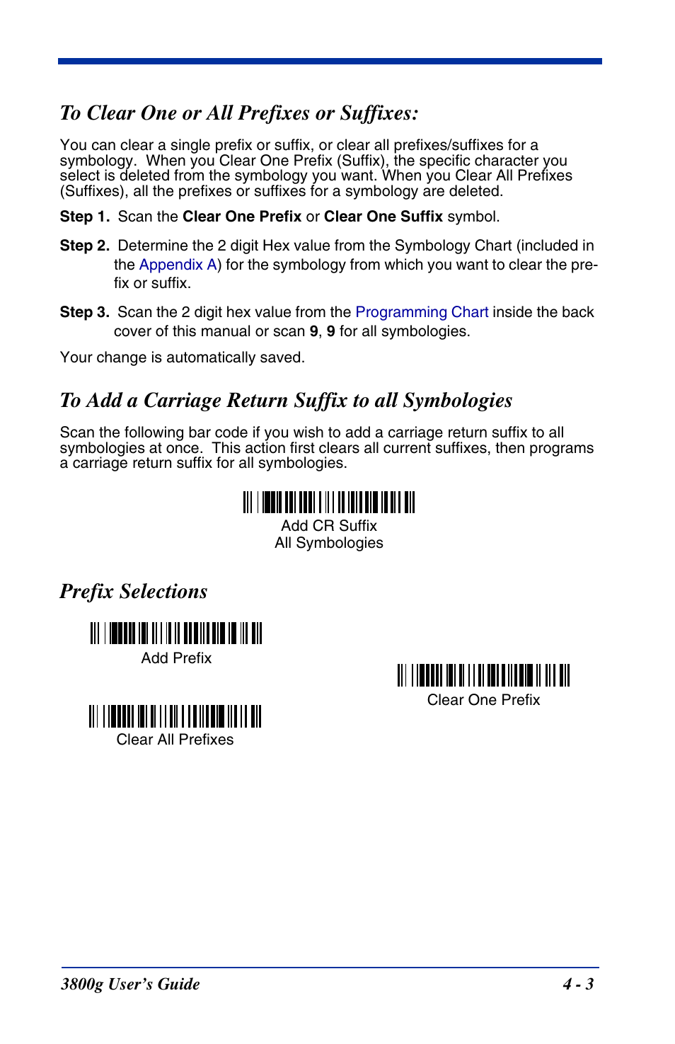 To clear one or all prefixes or suffixes, To add a carriage return suffix to all symbologies, Prefix selections | Hand Held Products HANDHELD 3800G User Manual | Page 47 / 144