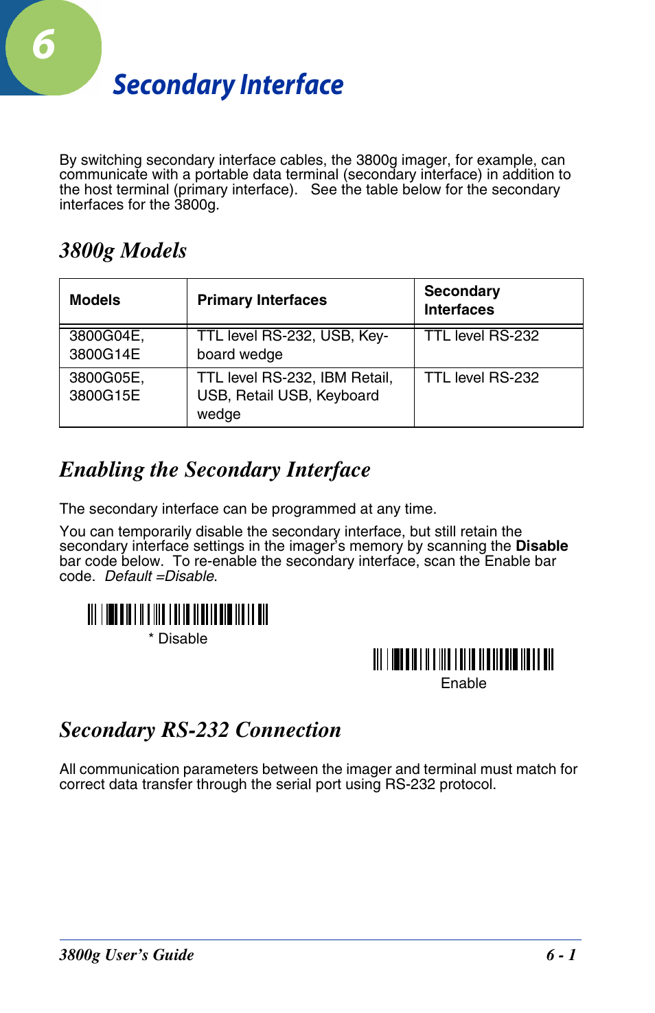 Secondary interface, 3800g models, Enabling the secondary interface | Secondary rs-232 connection, Chapter 6 - secondary interface, 3800g models enabling the secondary interface | Hand Held Products HANDHELD 3800G User Manual | Page 57 / 144